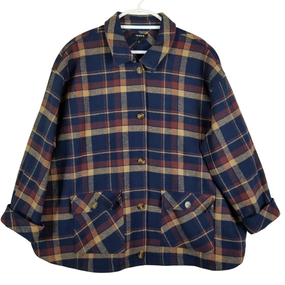 Torrid Navy‎ Blue Burgundy Plaid Cotton Flannel Button Front Shacket Jacket 2 2X